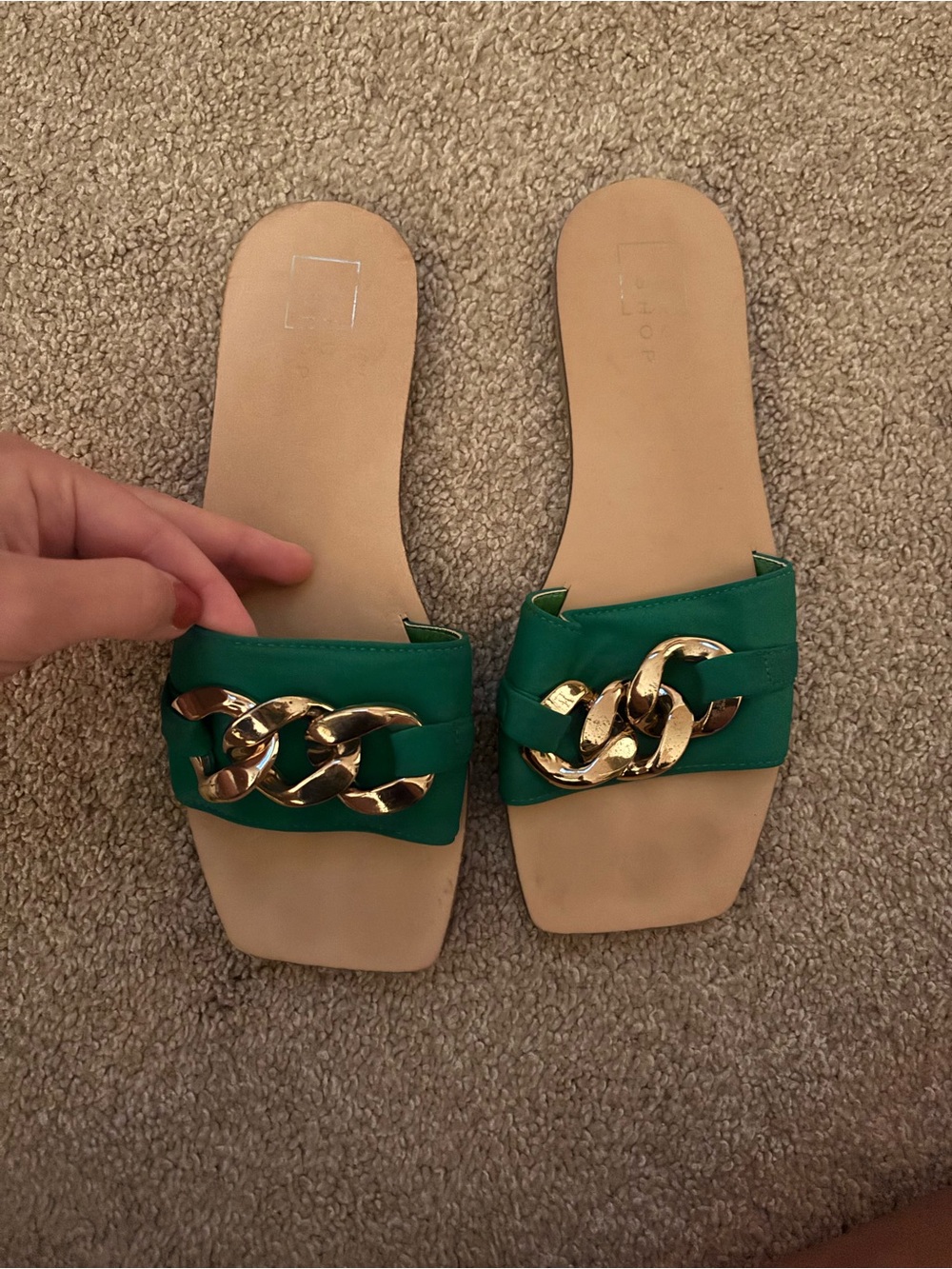 Green Slide Sandals with Gold Chain Accent